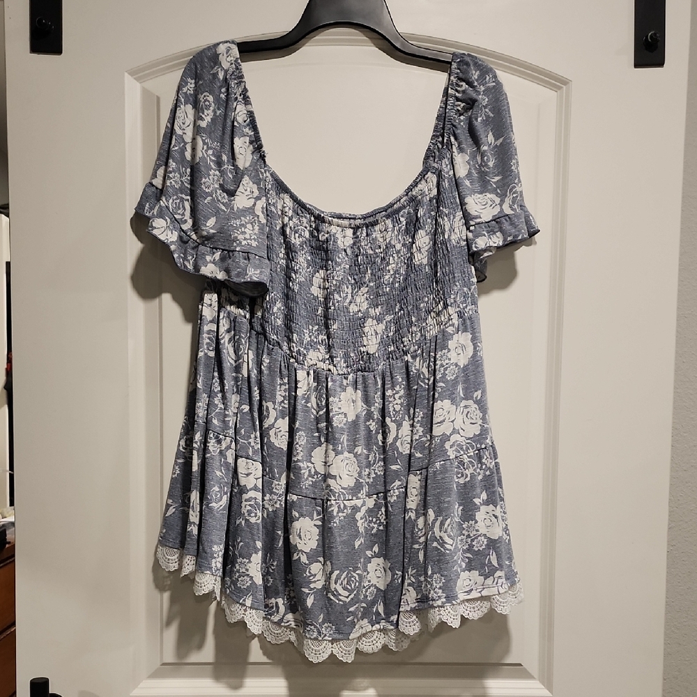 Blue and White Flutter Sleeve Ruffled Blouse